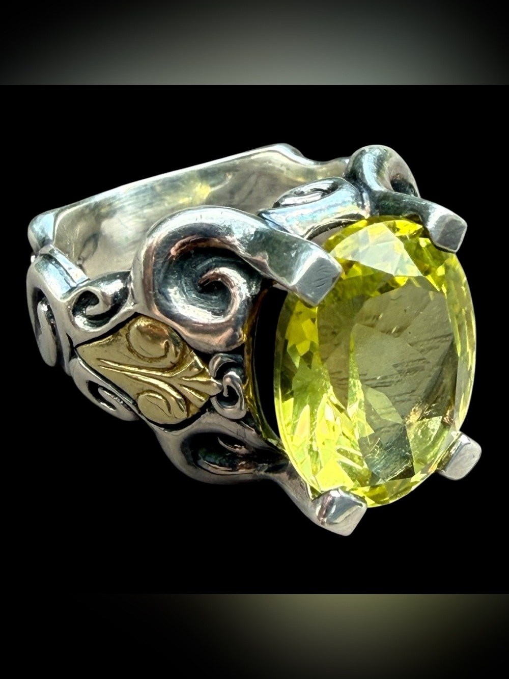 Sz 8 LARGE ANN KING 18K Gold & 925 Filigree Lemon Yellow Quartz Statement Ring